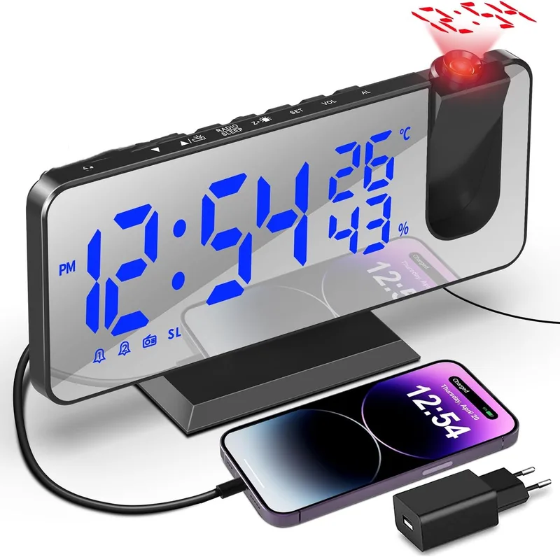 TAKRINK ▫️ Despertador de projeção Despertador digital de 7,5 polegadas com rotação de 180°, com função de rádio FM Humidade Temperatura interior com porta de carregamento USB 2 despertadores 4 níveis de brilho