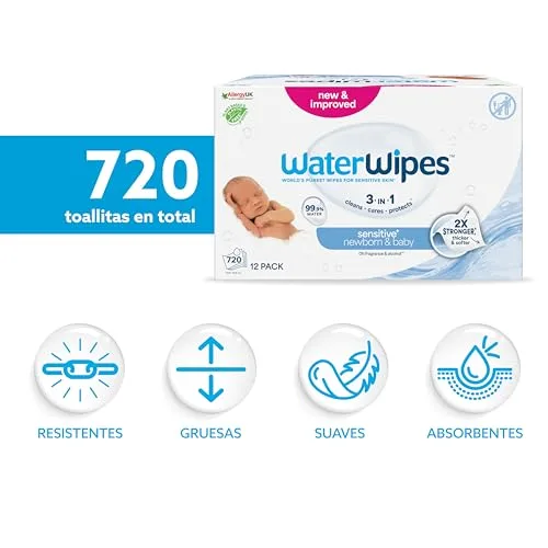 WaterWipes ▫️ Sensitive+ Toalhitas para recém-nascidos e bebés, 720 unidades (embalagem de 12), 3 em 1: limpa, cuida, protege, 99,9% de água, sem perfume 2
