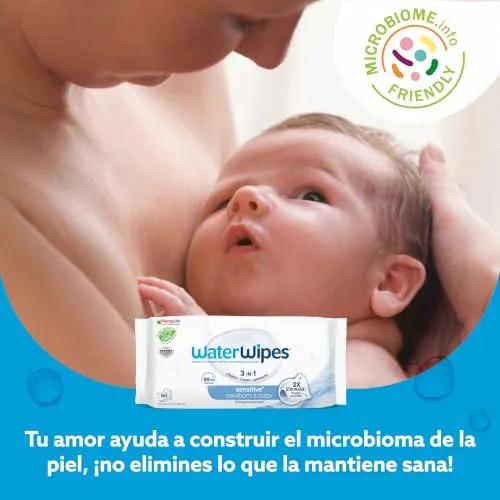 WaterWipes ▫️ Sensitive+ Toalhitas para recém-nascidos e bebés, 720 unidades (embalagem de 12), 3 em 1: limpa, cuida, protege, 99,9% de água, sem perfume 3