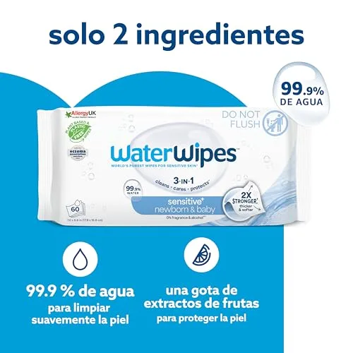 WaterWipes ▫️ Sensitive+ Toalhitas para recém-nascidos e bebés, 720 unidades (embalagem de 12), 3 em 1: limpa, cuida, protege, 99,9% de água, sem perfume 4