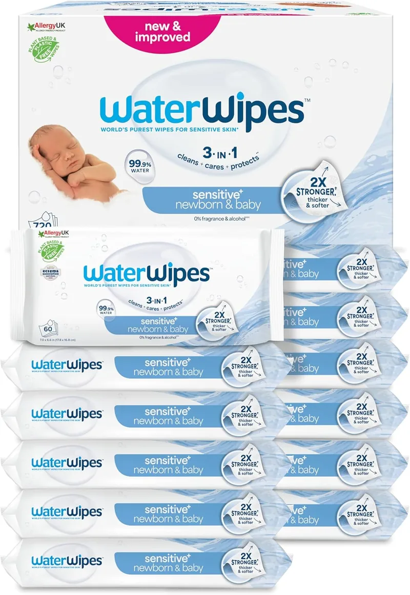 WaterWipes ▫️ Sensitive+ Newborn & Baby Wipes, toalhetes para recém-nascidos e bebés, 720 unidades (embalagem de 12), 3 em 1 Limpa, cuida, protege, 99,9% água, sem perfume