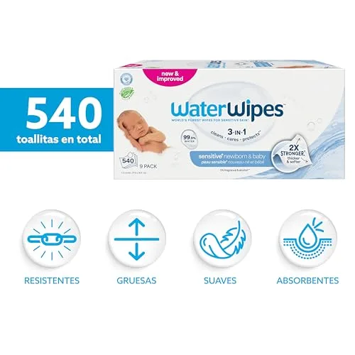 WaterWipes ▫️ Toalhitas Sensitive+ para recém-nascidos e bebés, 9 embalagens 2