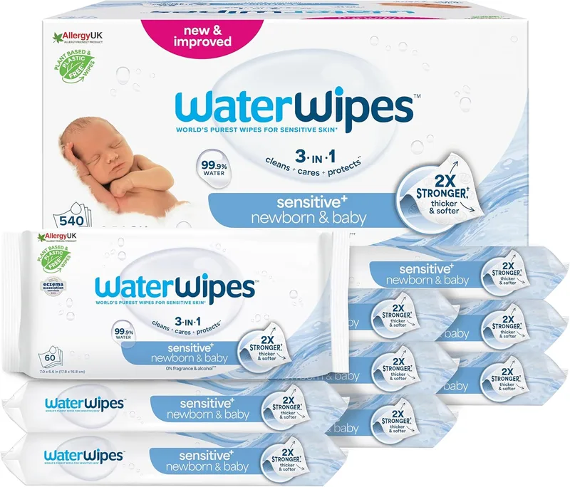 WaterWipes ▫️ Sensitive+ Toalhetes para recém-nascidos e bebés, toalhetes para recém-nascidos e bebés, 540 unidades (embalagem de 9), 3 em 1 Limpa, cuida, protege, 99,9% de água, sem perfume