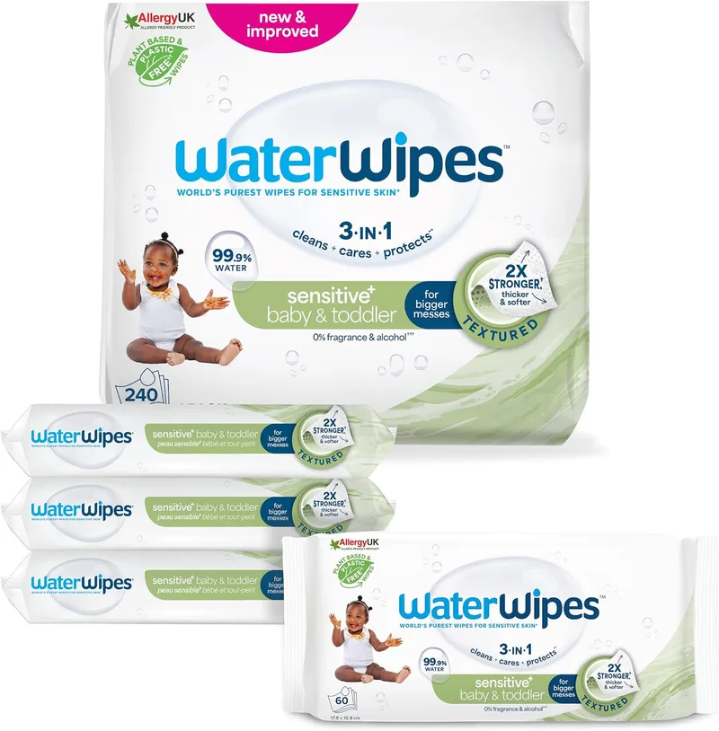 WaterWipes ▫️ Toalhitas Sensitive+ para bebés e crianças pequenas, 4 embalagens