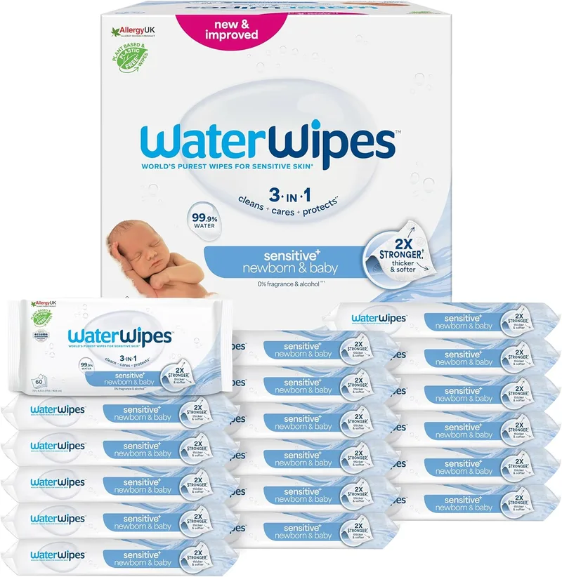 WaterWipes ▫️ Sensitive+ Toalhitas para recém-nascidos e bebés, 1080 unidades (embalagem de 18), 3 em 1: limpa, cuida, protege, 99,9% de água, sem perfume