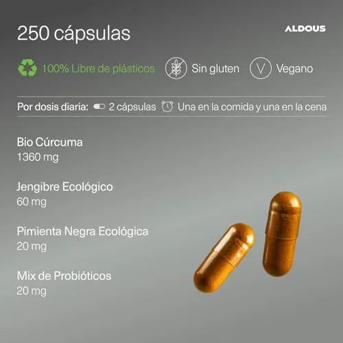 Aldous Bio ▫️ Cúrcuma com Gengibre e Pimenta Preta PROBIÓTICOS - 250 cápsulas - 1460 mg 3