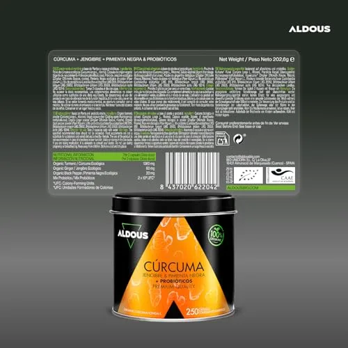 Aldous Bio ▫️ Cúrcuma com Gengibre e Pimenta Preta PROBIÓTICOS - 250 cápsulas - 1460 mg 6