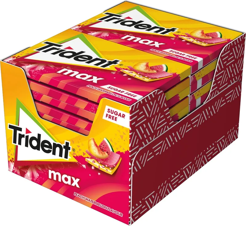 Trident ▫️ Max Peach & Watermelon - Pastilha elástica sem açúcar com sabor a pêssego e melancia - Embalagem de 12 pacotes de 23 g