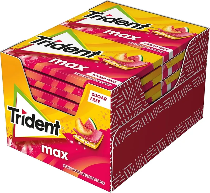 Trident ▫️ Max Pastilhas Elásticas com Sabor a Pêssego e Melancia, Sem Açúcar, Embalagem de 12 unidades
