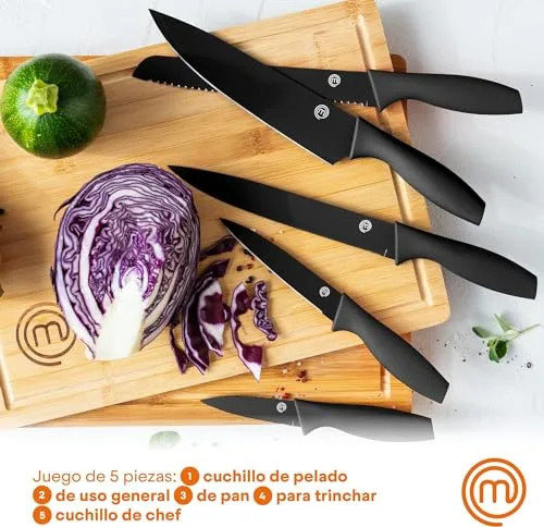 Chef Master ▫️ MasterChef Facas de Cozinha, Conjunto de Chef (Carne, Serra para Pão, Legumes e Peixe), Aço Inoxidável, Cabos Suaves ao Toque, Multifuncional, 5 Peças, Preto 2