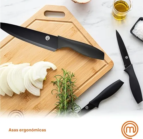 Chef Master ▫️ MasterChef Facas de Cozinha, Conjunto de Chef (Carne, Serra para Pão, Legumes e Peixe), Aço Inoxidável, Cabos Suaves ao Toque, Multifuncional, 5 Peças, Preto 3