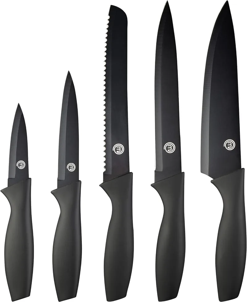 Chef Master ▫️ MasterChef Facas de Cozinha, Conjunto de Chef (Carne, Serra para Pão, Legumes e Peixe), Aço Inoxidável, Cabos Suaves ao Toque, Multifuncional, 5 Peças, Preto