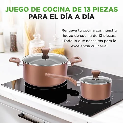 NutriChef ▫️ Conjunto de panelas e frigideiras 13 peças, tampas antiaderentes, resistentes ao calor, inclui concha, garfo e coador 2
