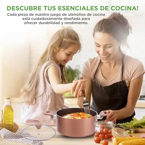 NutriChef ▫️ Conjunto de panelas e frigideiras 13 peças, tampas antiaderentes, resistentes ao calor, inclui concha, garfo e coador 6
