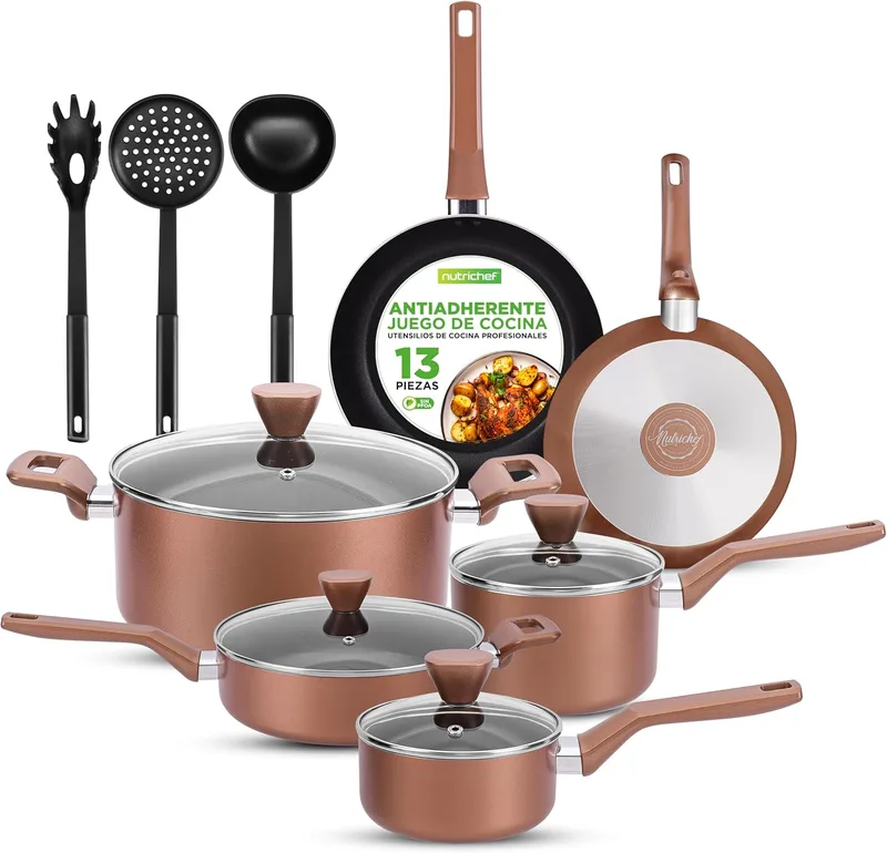 NutriChef ▫️ Conjunto de panelas e frigideiras 13 peças, tampas antiaderentes, resistentes ao calor, inclui concha, garfo e coador