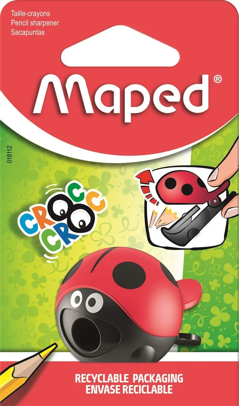 Maped ▫️ Material escolar - Afia-lápis Croc Croc - Afia-lápis com compartimento - 1 orifício para afiar - Compartimento de fácil abertura - Design lúdico nas cores vermelho e preto