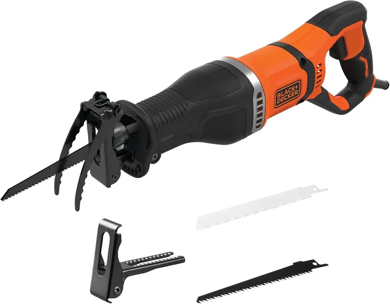 Black+Decker ▫️ Serra sabre de 750 W, velocidade variável, 2800 rpm, profundidade do cabeçote ajustável, troca de lâmina sem ferramentas, suporte para ramos amovível, inclui 2 lâminas, BES301-QS