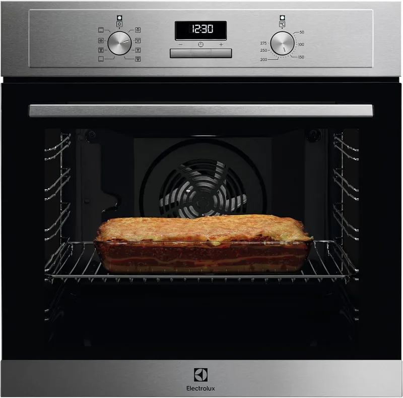 Electrolux ▫️ Forno Multifunções EOH3H54X, 72 L, Função Grill, 7 Funções, Cozedura em vários níveis, Limpeza AquaClean, Botões retráteis, Guiadores telescópicos, Aço inoxidável anti-marcas, Fabricado na UE