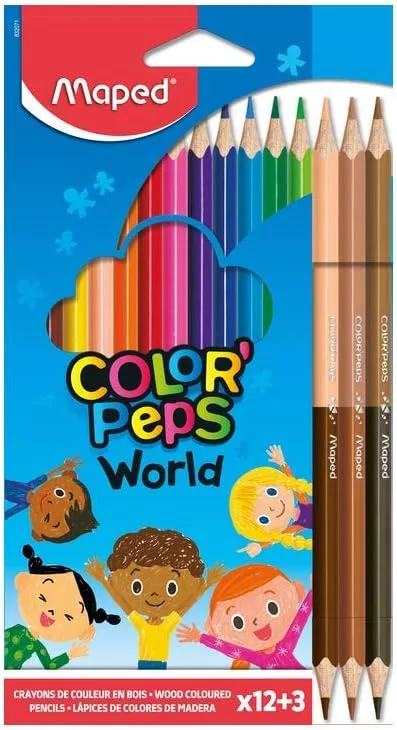 Maped ▫️ Tintas para madeira - Lápis World - 12 tintas + 3 lápis duplos - Grande variedade de cores - Inclui tons de pele e madeira