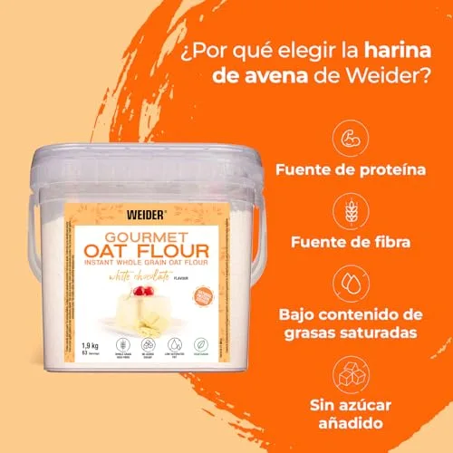 Weider ▫️ Oat Gourmet Farinha de Aveia Integral, fonte de proteína com baixo teor de açúcares, sabor a chocolate branco, 1,9 kg 2