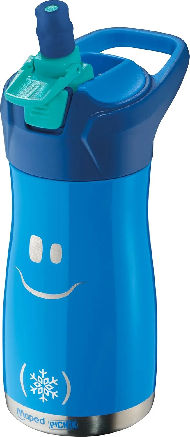 Maped ▫️ Garrafa de água infantil 430 ml, aço inoxidável, reutilizável, tampa rebatível com botão de bloqueio, isolamento térmico, design ergonómico com pega, fácil de limpar, cor azul