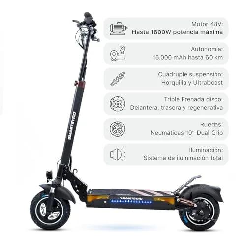 SMARTGYRO ▫️ Speedway Pro - Patinete elétrico de 48 V, potência máxima de 1000 W, bateria de 15 Ah, autonomia de 60 km, rodas de 10 polegadas Dual Grip, suspensões, sistema de travagem triplo, certificado pela DGT 3