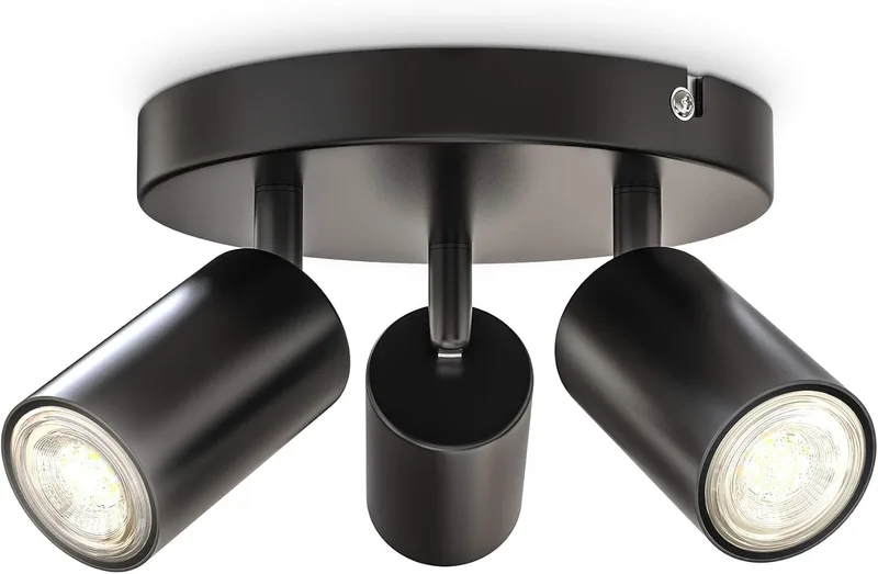 B.K.Licht ▫️ Candeeiro redondo 3 luzes, Metal preto, GU10 max 3x9W, Ø90x190mm, Sem lâmpadas, IP20, Design moderno, Foco ajustável, Para sala de estar ou corredor