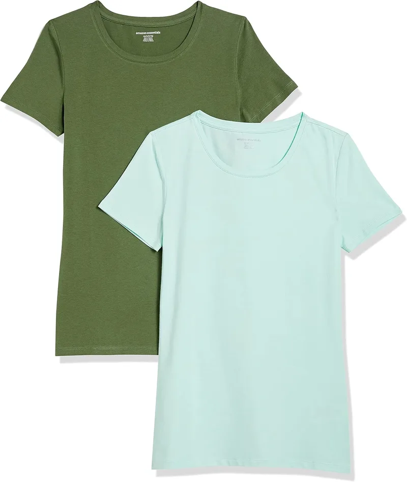 Amazon Essentials ▫️ Camiseta de manga curta com gola redonda e corte reto para mulher, embalagens múltiplas