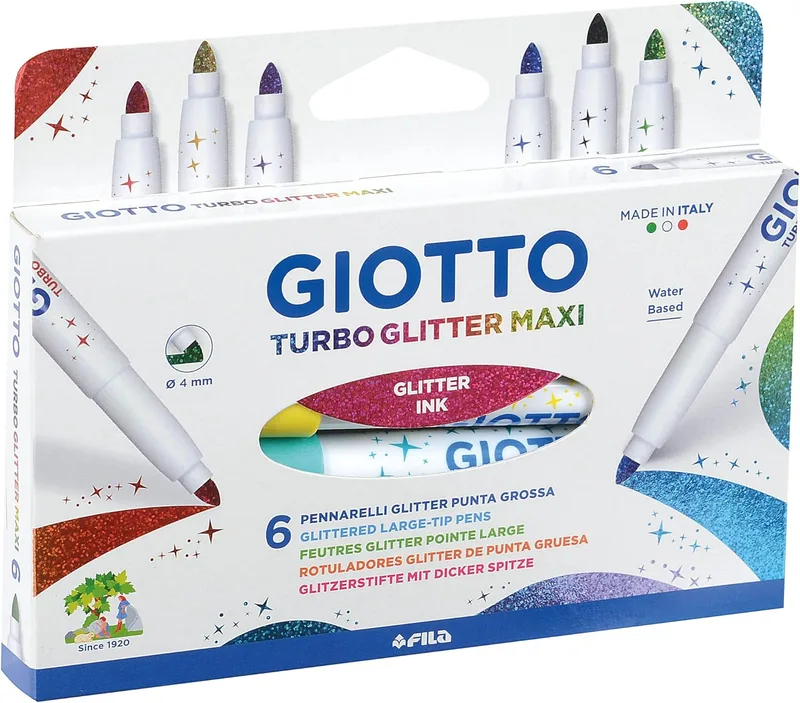 Giotto ▫️ Turbo Glitter, marcador com purpurina super lavável, ponta Maxi 5mm, cores sortidas, 6 unidades