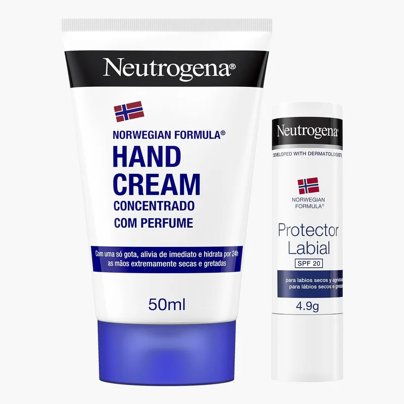 Neutrogena ▫️ Fórmula Norueguesa Creme Concentrado para as Mãos (50 ml) + Protetor Labial FPS 20 (4,8 g), creme reparador para as mãos com perfume, bálsamo hidratante para lábios secos