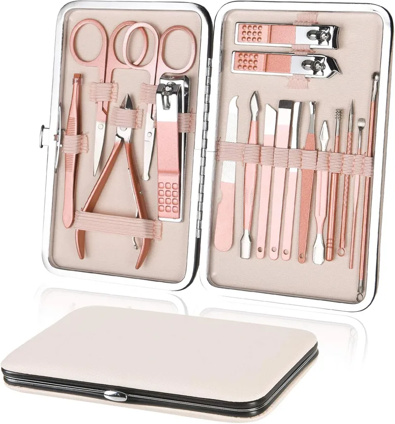 URAQT ▫️ Conjunto de manicure e pedicure 18 peças: cortadores de unhas, tesouras de unhas com ferramentas para remover cutículas, aço inoxidável, cortadores de unhas profissionais para viagens e uso doméstico, com estojo em pele, ouro rosa