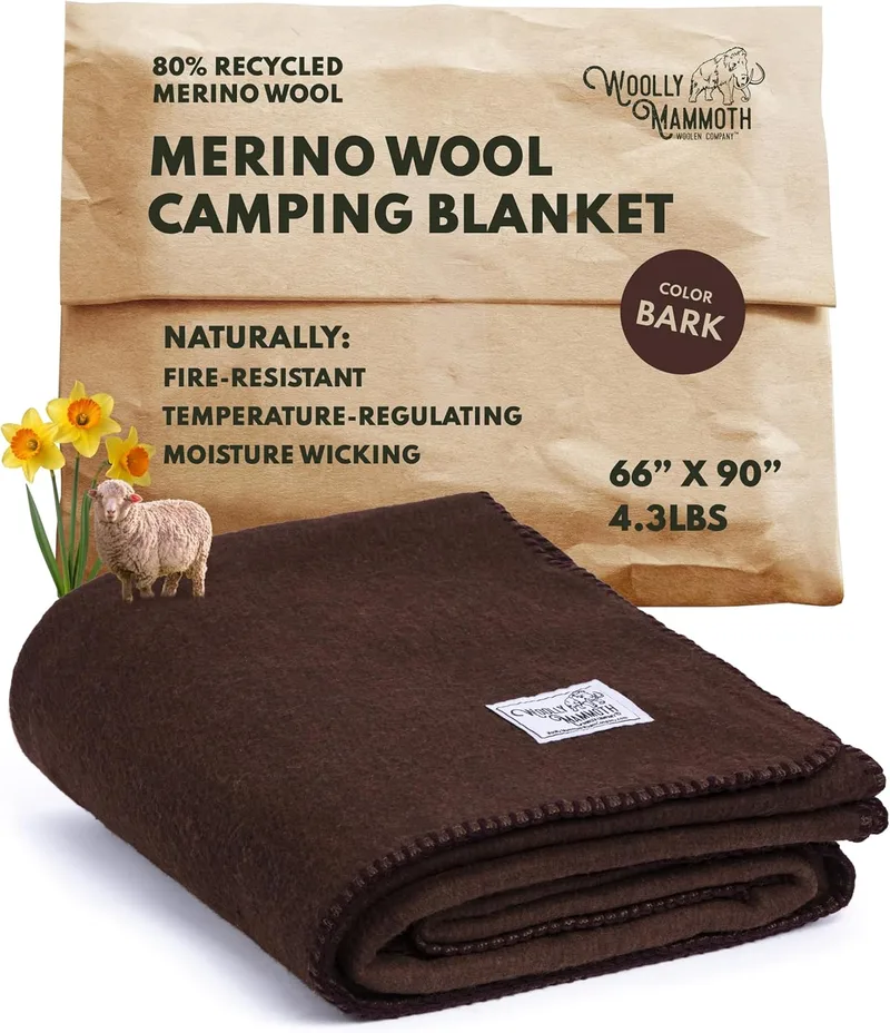 Woolly Mammoth Woolen Company ▫️ Cobertor de lã Merino 66 x 90 polegadas, sarja moderna castanha, 4 lb., respirável, cobertor de exterior pesado para campismo, caminhadas e rolo de cama.