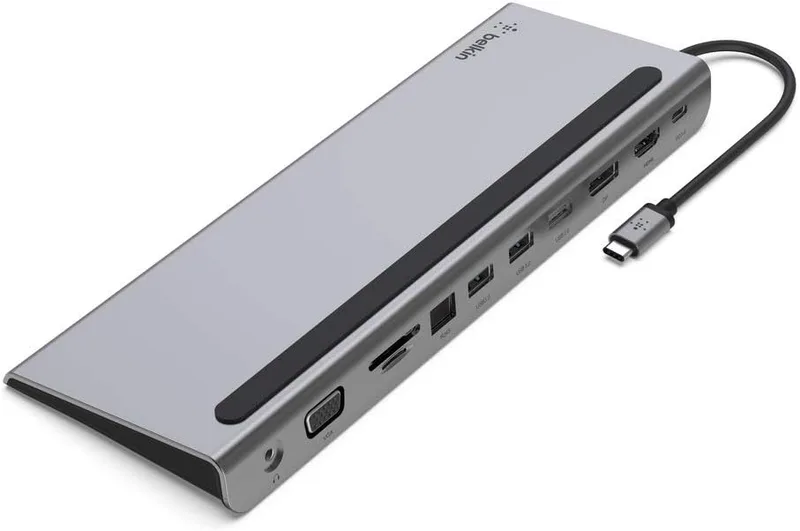 Belkin ▫️ Base de ligação multiportas USB-C com HDMI, DisplayPort, VGA e USB-C (4K), carregamento PD de 100 W, 3 portas USB-A, 1 porta Gigabit Ethernet, leitor de cartões SD/MicroSD e entrada de áudio de 3,5 mm para MacBook* Pro, Air, XPS e outros