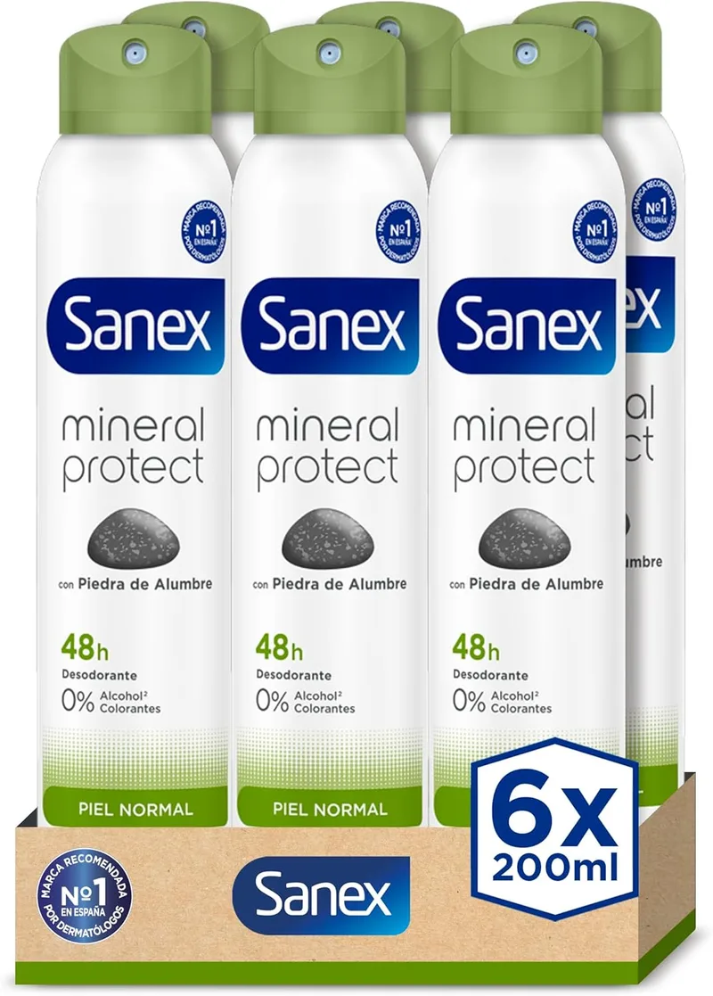 Sanex ▫️ Mineral Protect Desodorizante em Spray, Embalagem de 6 unidades de 200 ml, Proteção de 48 horas contra o mau cheiro, com pedra de alúmen, 0% de álcool, sem alergénios nem corantes, pele normal