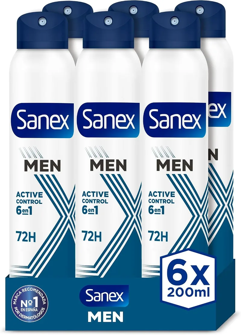 Sanex ▫️ Men Active Control Desodorizante em Spray para Homem, Embalagem de 6 unidades de 200 ml, Proteção de 72 horas, Antitranspirante, Anti-irritante, 0% de álcool, Combate o mau cheiro, Proteção de longa duração