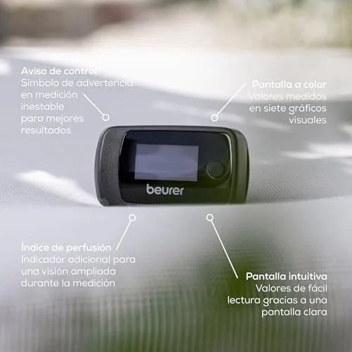 Beurer ▫️ PO 45 Oxímetro de pulso, medição da saturação de oxigénio (SpO₂), da frequência cardíaca (pulso) e do índice de perfusão (PI), utilização indolor, ecrã a cores 5