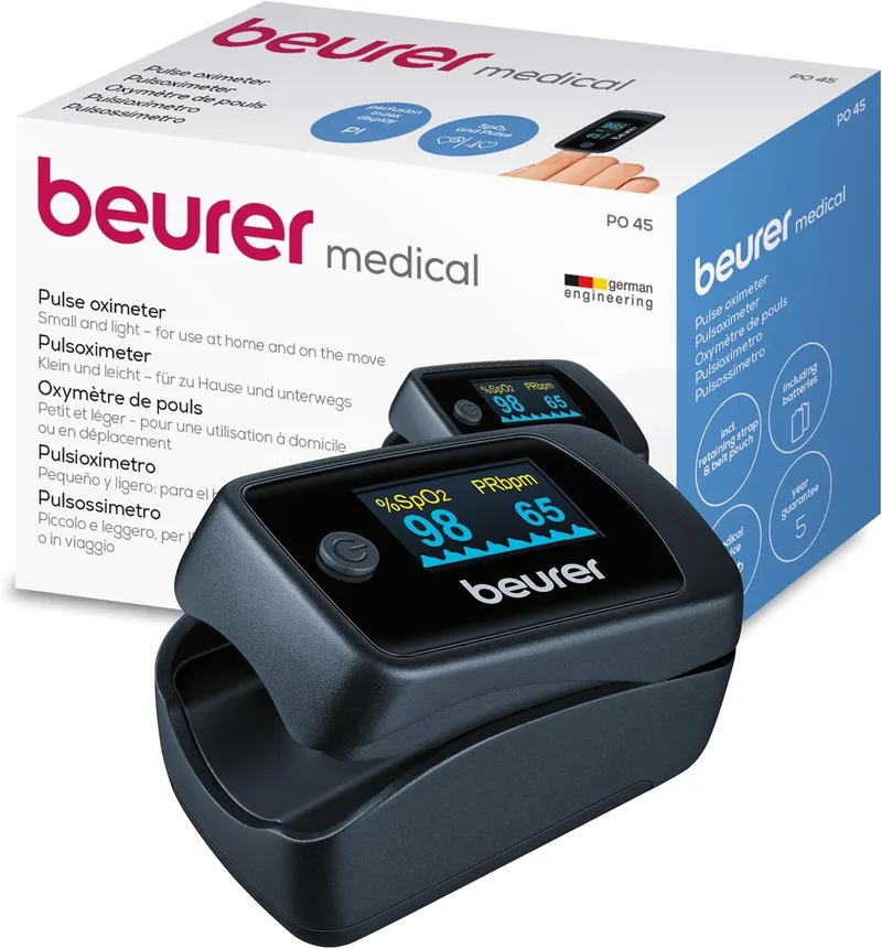 Beurer ▫️ PO 45 Oxímetro de pulso, medição da saturação de oxigénio (SpO₂), da frequência cardíaca (pulso) e do índice de perfusão (PI), utilização indolor, ecrã a cores