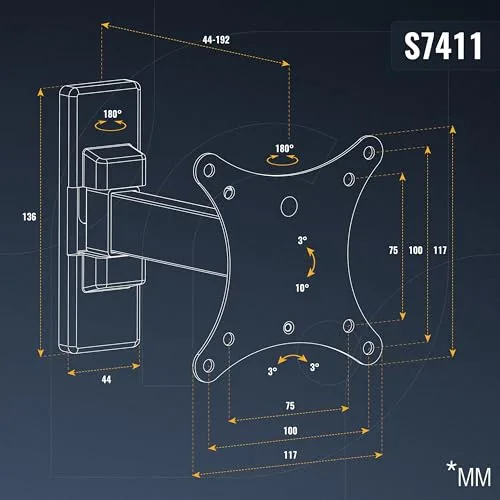 RICOO ▫️ Suporte de parede para monitor, giratório e inclinável, para ecrãs de 13-27" (33-69 cm) S7411, braço suspenso universal para televisores LED e LCD, compatível com VESA 75x75 e 100x100 6