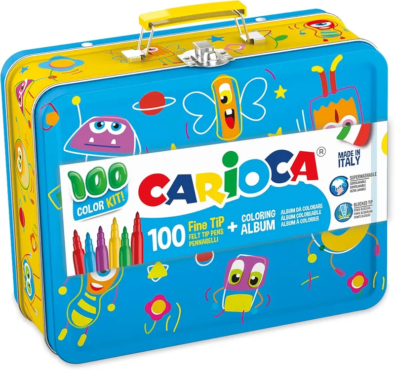 Carioca ▫️ Caixa de Metal com Marcadores | 100 Marcadores Super Laváveis com Caixa de Metal, Ponta Fina com Álbum para Colorir