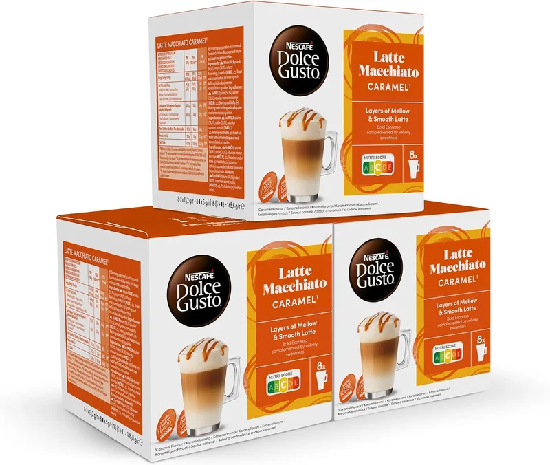 Nescafé Dolce Gusto ▫️ Latte Macchiato Caramelo - Cápsulas de café, 48 cápsulas (3 x 16), 8 chávenas de café (24 cápsulas por chávena) - Sabor a caramelo - Originais para máquinas de café Dolce Gusto