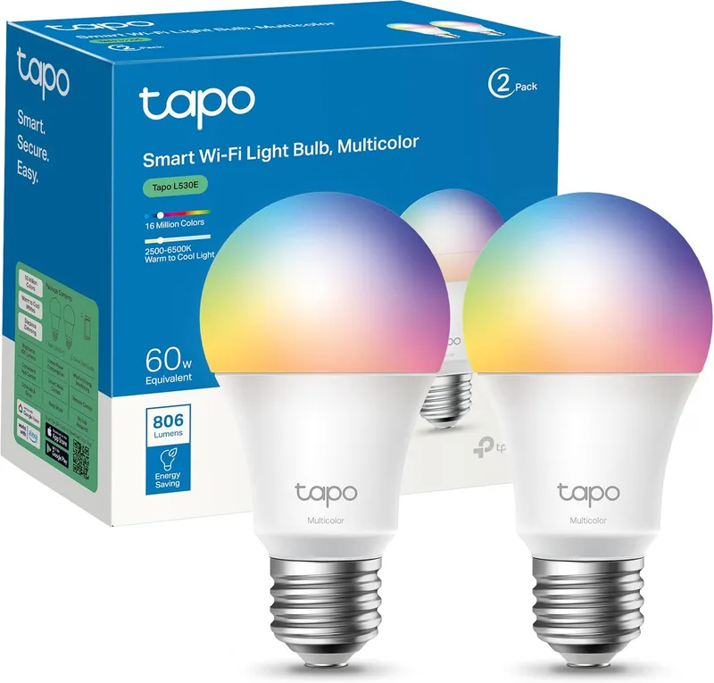 Tapo ▫️ L530E (Conjunto de 2) - Lâmpada Inteligente Wi-Fi, RGB Multicolorida, 800 lm, E27 | Regulável. 16 milhões de cores. Programação/Temporizador. Não requer hub. Modo «Ausente». Controlo por voz (Alexa/Google) e aplicação