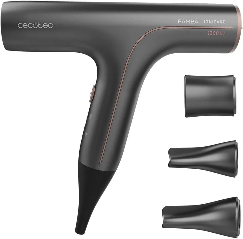 Cecotec ▫️ Secador de cabelo Bamba Ionicare 6000 RockStar Soft. Baixo consumo de energia, 1200W, Motor digital com iões reais, Extreme Protect, Função de auto-limpeza, Silencioso, Inclui 3 bicos Cinzento