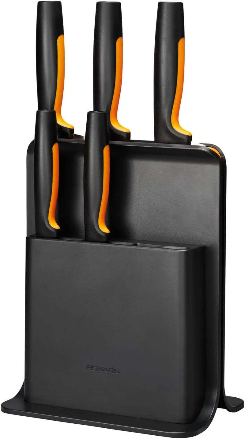 FISKARS ▫️ Bloco de facas com 5 facas, formato funcional, inclui faca para legumes, faca para tomate, faca Santoku para chef, faca para chef e faca para pão, plástico, preto, 1057554