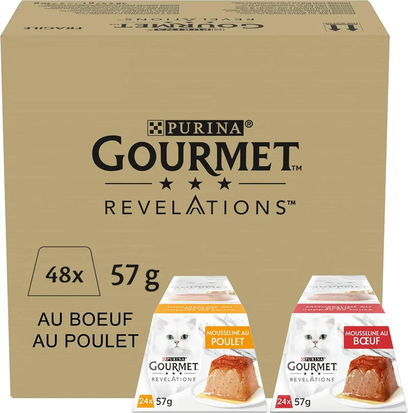 Gourmet ▫️ PURINA Revelations Mousse, Comida húmida para gatos em molho, Frango e Vitela, 48 unidades (48 x 57 g)