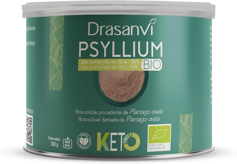 Drasanvi ▫️ PSYLLIUM EM PÓ Sem Glúten 200 g | Casca de Psyllium Biológica de Agricultura Biológica | Rico em Fibra Solúvel | Adequado para veganos e celíacos | Ideal para receitas cetogénicas | | Rico em Fibra Solúvel, Adequado para veganos e celíacos, ideal para receitas cetogénicas e para compleme