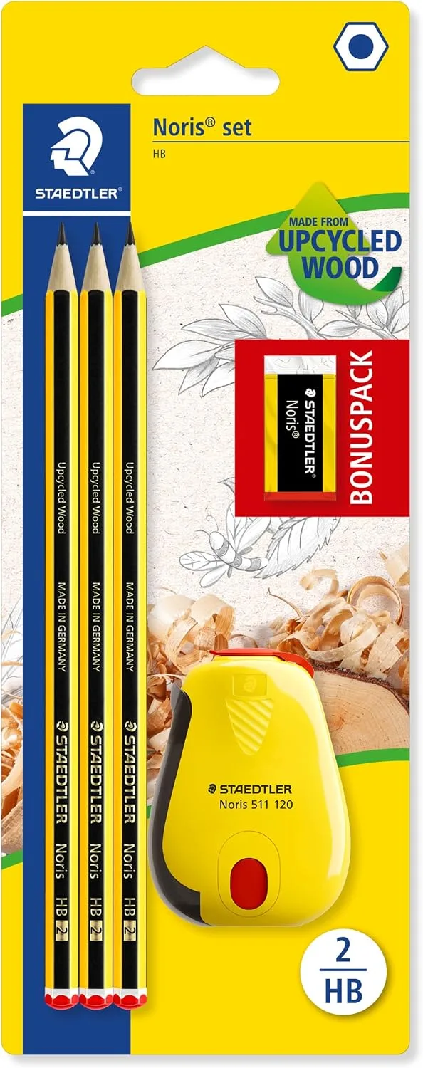STAEDTLER ▫️ 120 SBK3P2 Noris Edição Limitada Feliz Aniversário - Blister com 3 lápis de grafite Noris HB, afiador com reservatório Noris + borracha Noris GRÁTIS