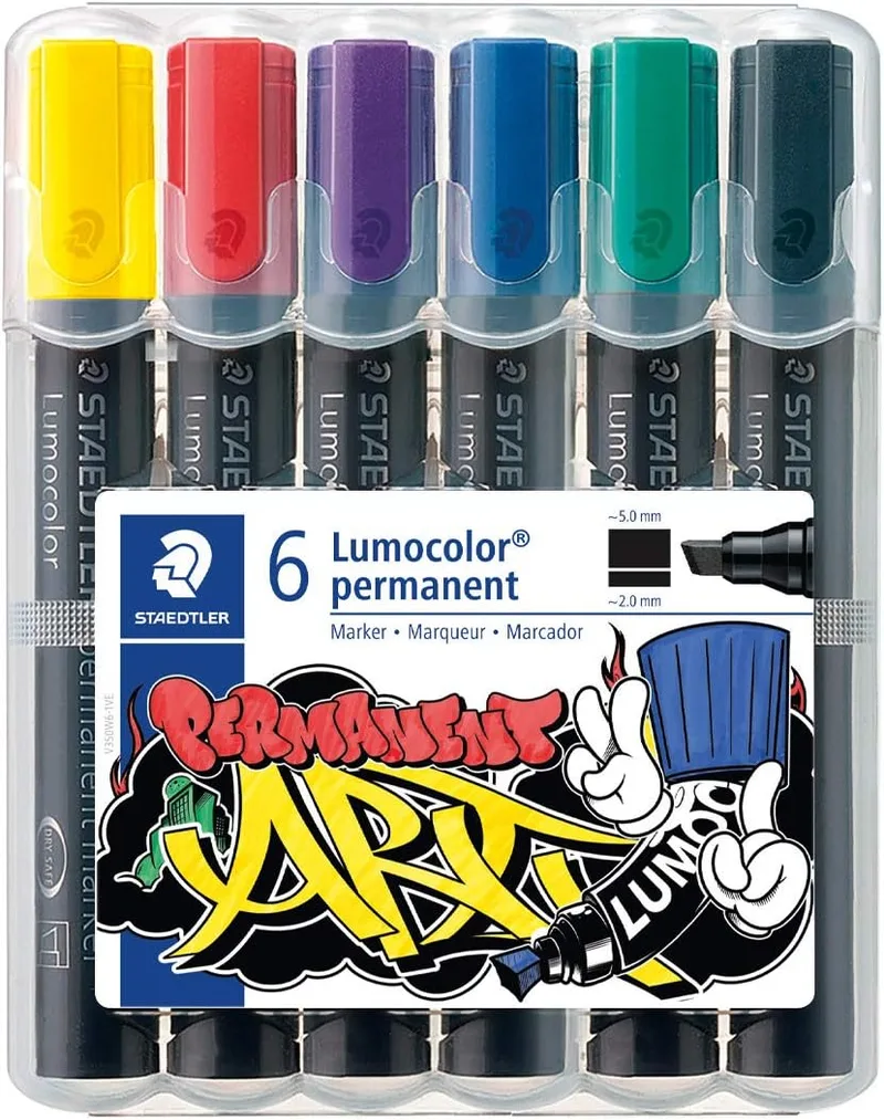 STAEDTLER ▫️ 350 WP6-1 Lumocolor Permanent Art. Estojo exclusivo em caixa com 6 marcadores de tinta permanente com ponta biselada, cores variadas