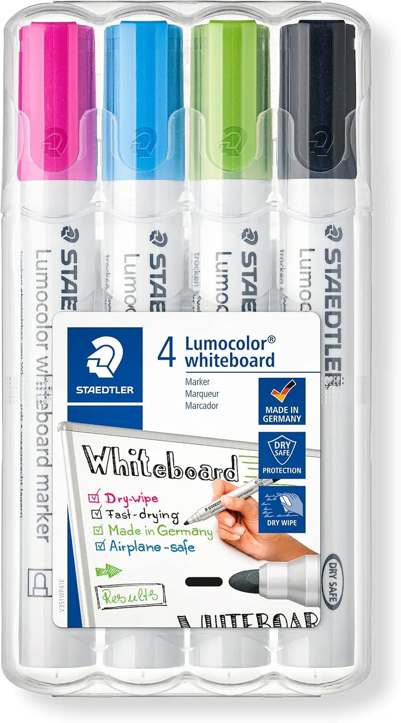 STAEDTLER ▫️ 351 WP4-1 Lumocolor Whiteboard Marker. Embalagem exclusiva com 4 marcadores para quadro branco, cores sortidas | Ponta redonda, de secagem rápida e sem cheiro, pode ser limpo com um pano, número de referência 351 WP4-1