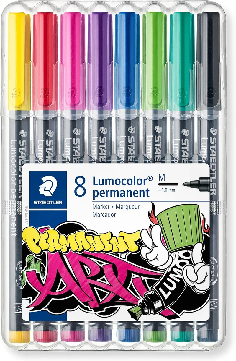 STAEDTLER ▫️ 317 WP8-1 Lumocolor Permanent Art. Estojo exclusivo em caixa com 8 marcadores de tinta permanente, cores variadas