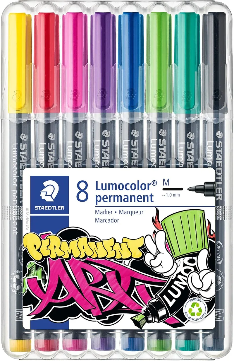STAEDTLER ▫️ 317 WP8-1 Lumocolor Permanent Art. Estuche exclusivo em caixa com 8 marcadores de tinta permanente, cores variadas